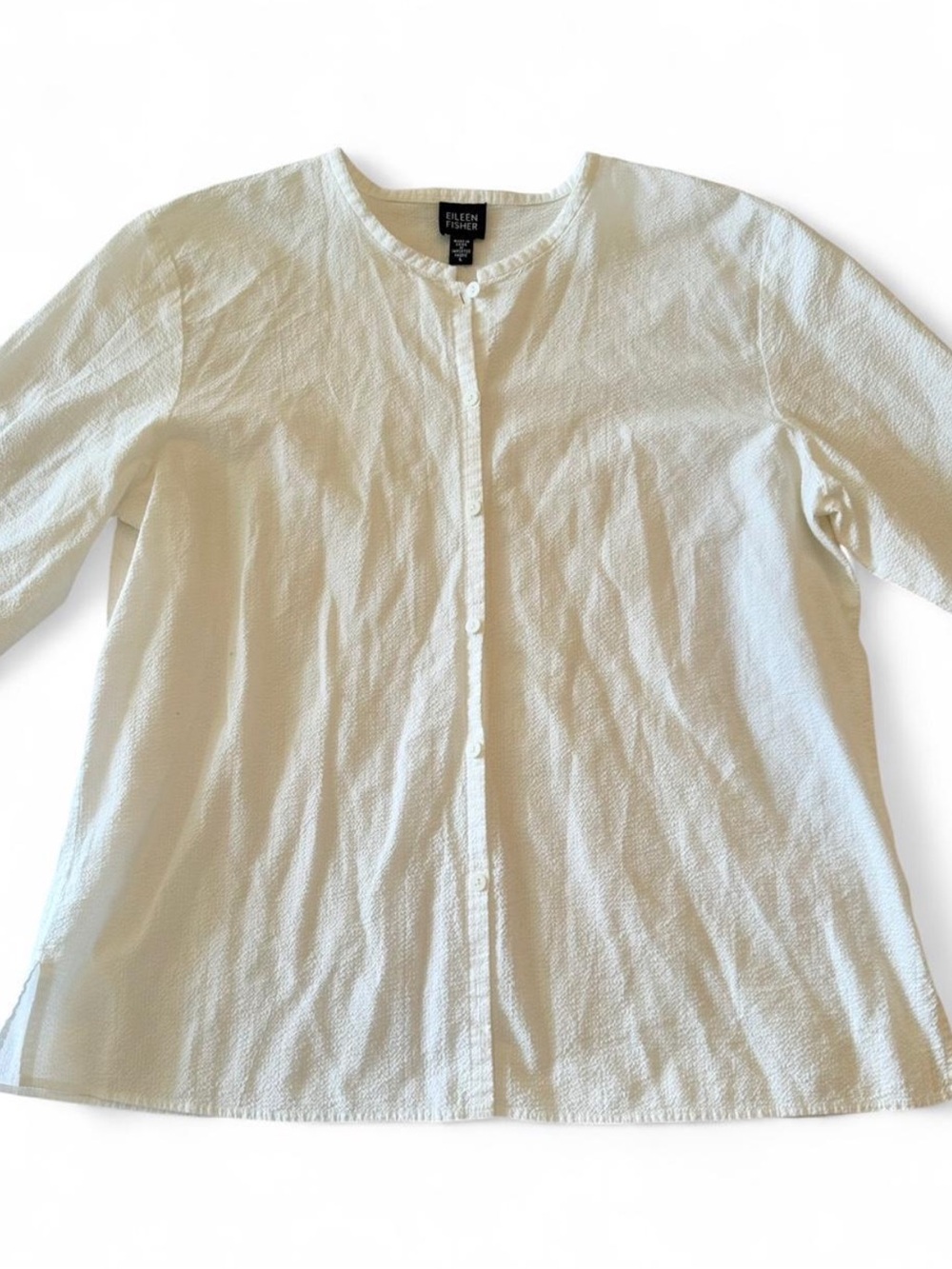 Eileen Fisher White Textured 100% Cotton Button Front Blouse L Minimalist Basic - Picture 4 of 8